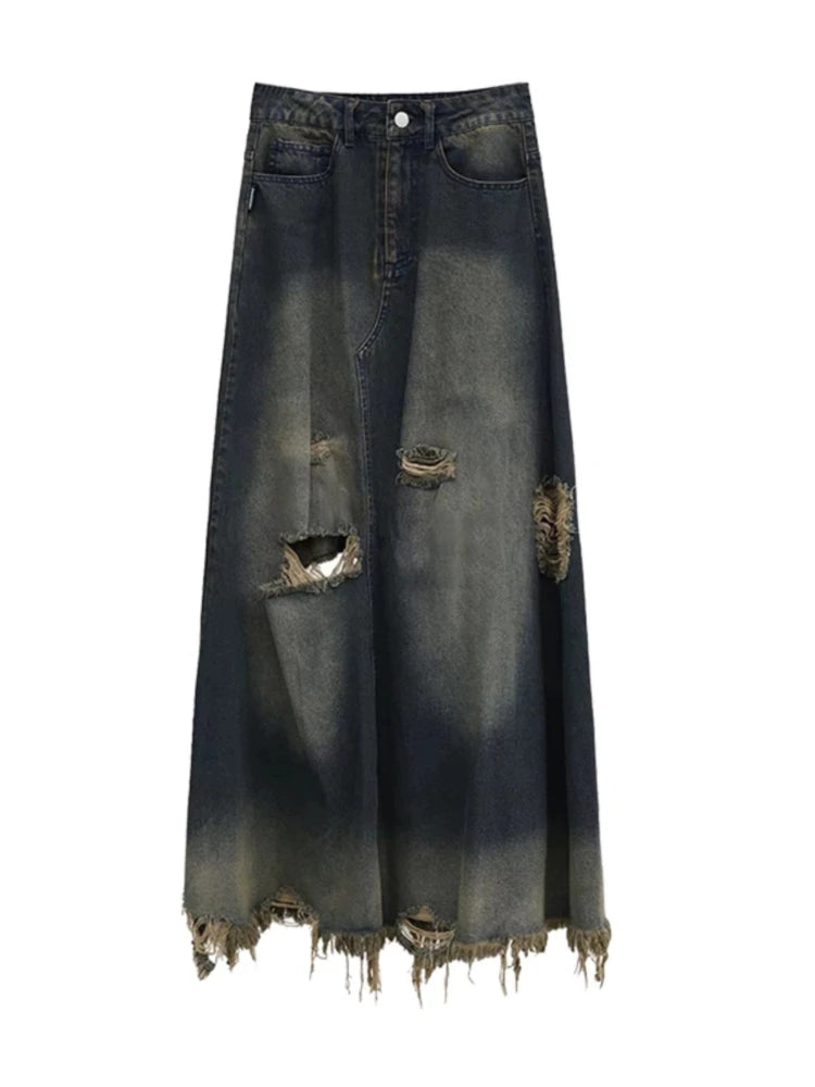 Ripped-Look Wide Long Jeans-Skirt