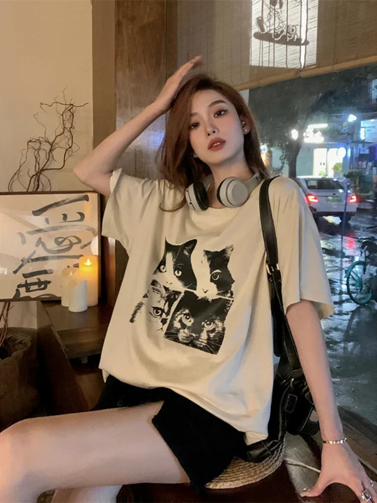 Oversized Cat Print T-Shirt