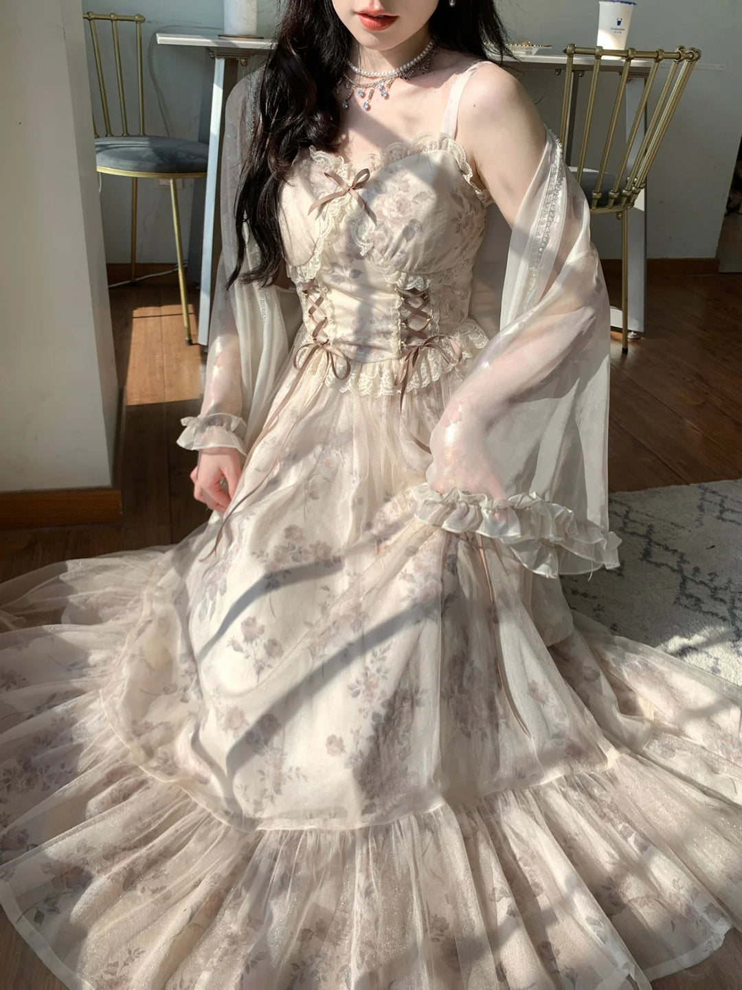 Long Fairy Dress With Ruffles And Tender Floral Pattern