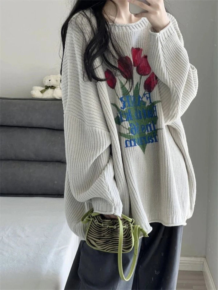 Loose-Fitting Knitted Sweater With Retro Floral Print