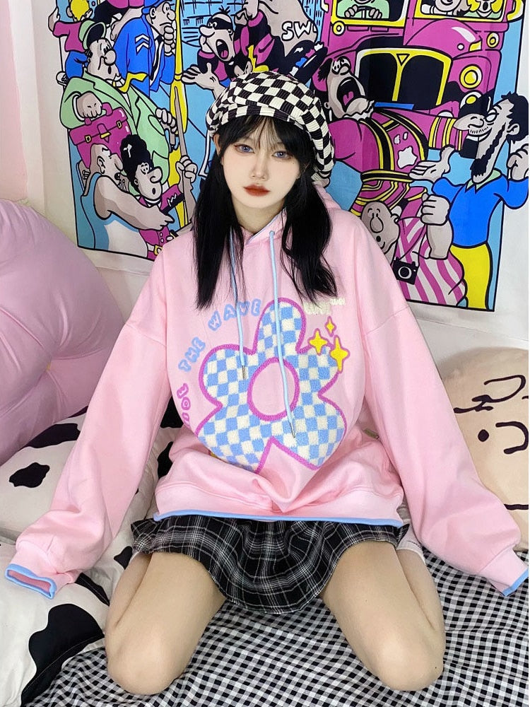 Kawaii Contrast Hoodie With Checkered Flower Print (S to 3XL!)