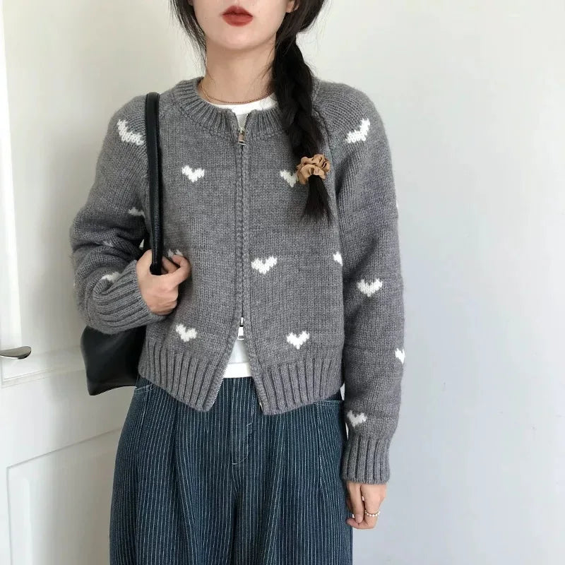 Knit Zip-Up Cardigan With Heart Pattern