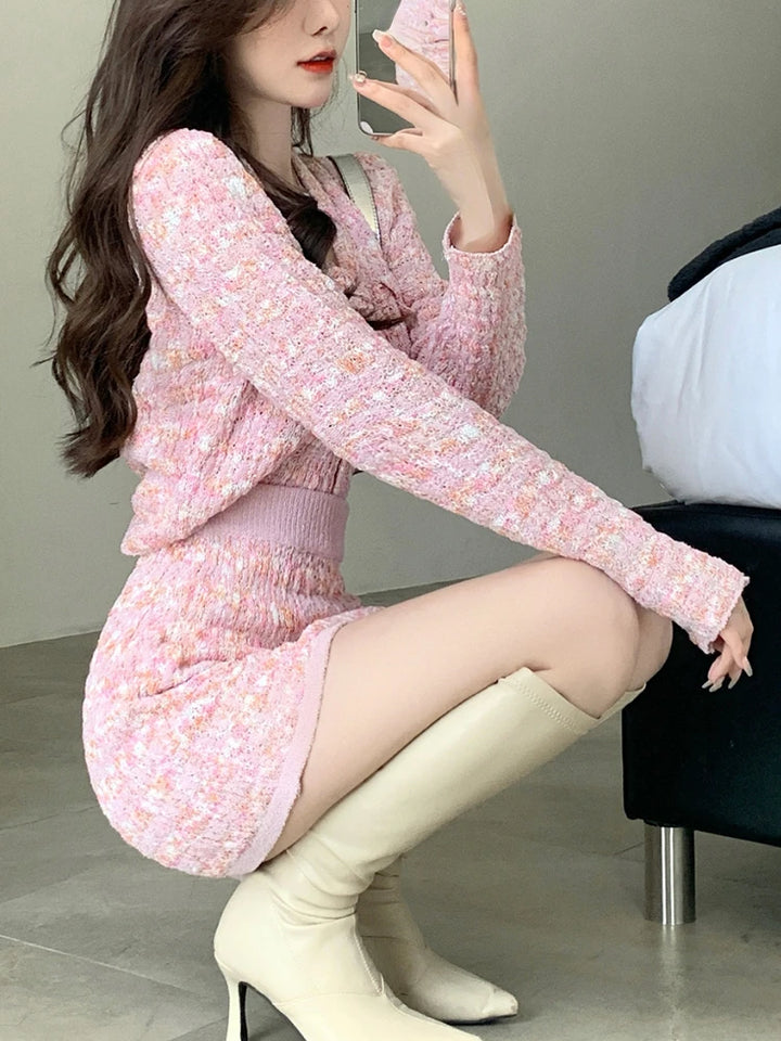 Pink Knitted Cardigan And Skirt Set