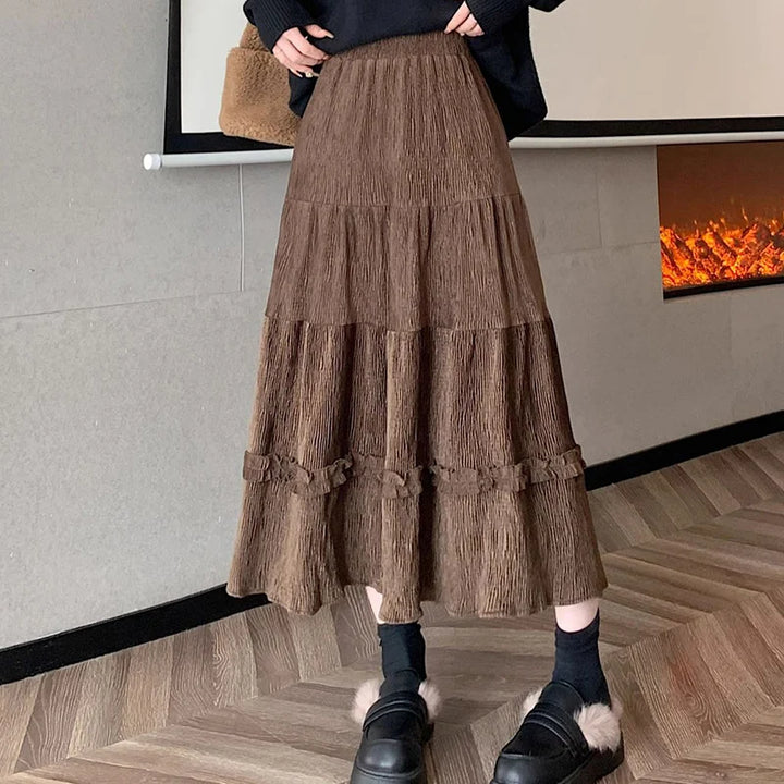 Corduroy Pleated Skirt With Ruffles