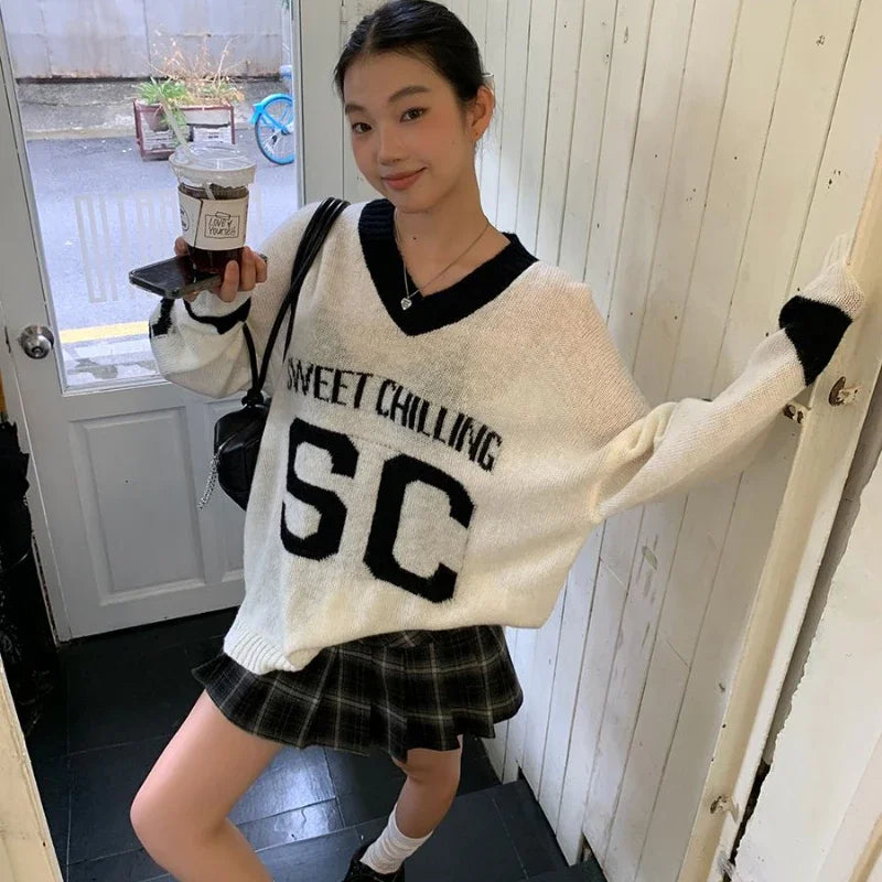 Oversized "SWEET CHILLING" Sweater With V-Neck