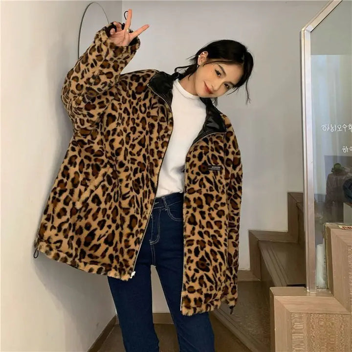 Reversible Long Leather Jacket With Lepard Print