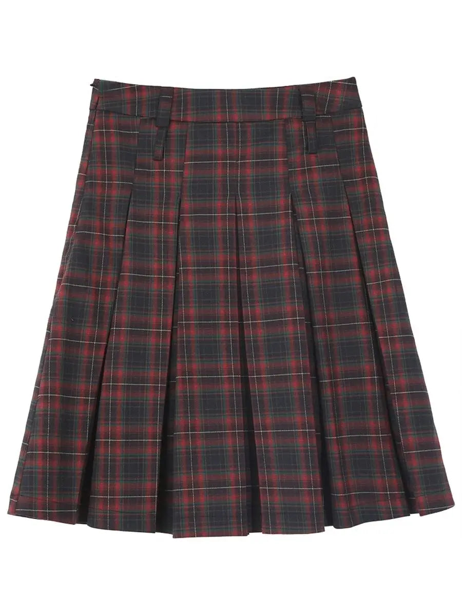 Pleated Knee-Length Skirt With Plaid Pattern