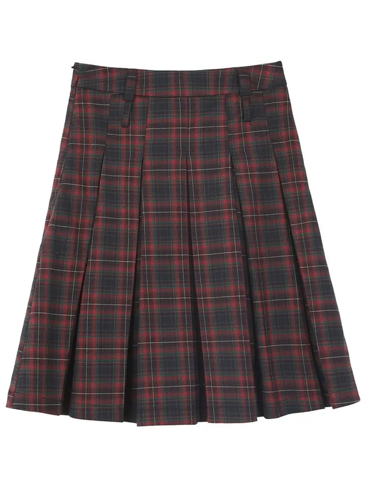 Pleated Knee-Length Skirt With Plaid Pattern