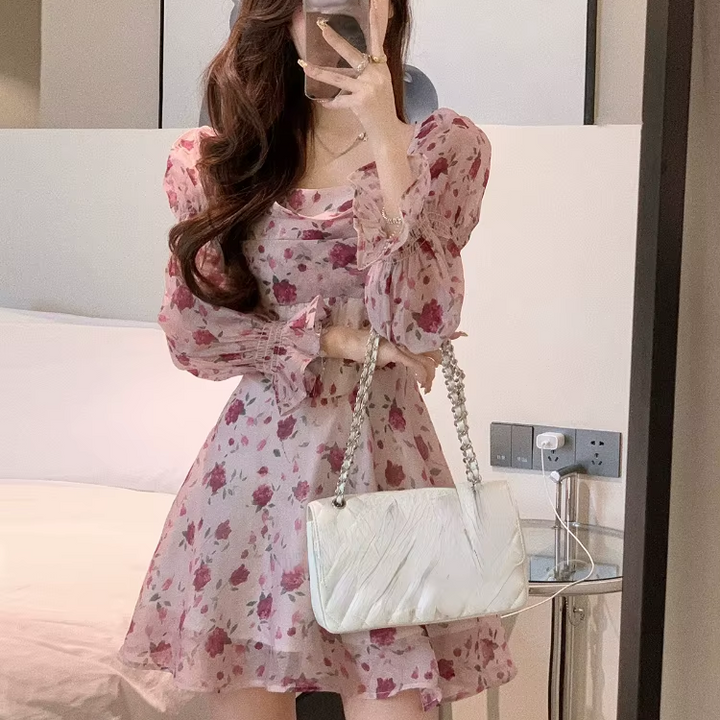 Mini Dress With Flare Sleeves And Floral Pattern