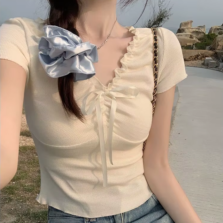 Tee With Bow And Ruffled V-Neck