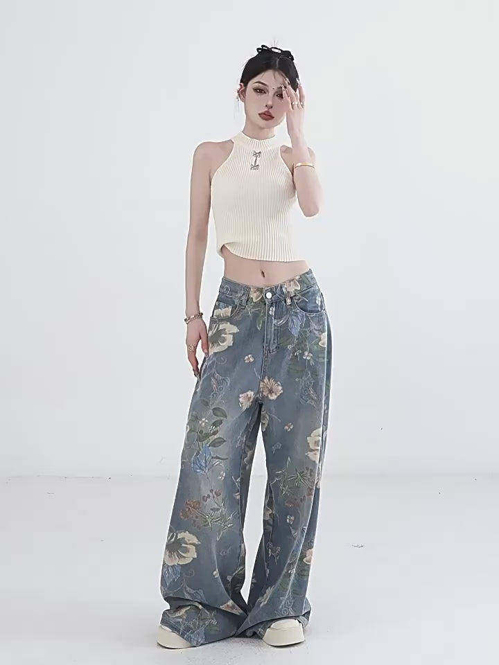 Y2K Baggy Pants With Floral Pattern