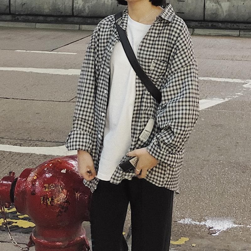 Plaid Shirt with Long Sleeves - Asian Fashion Lianox