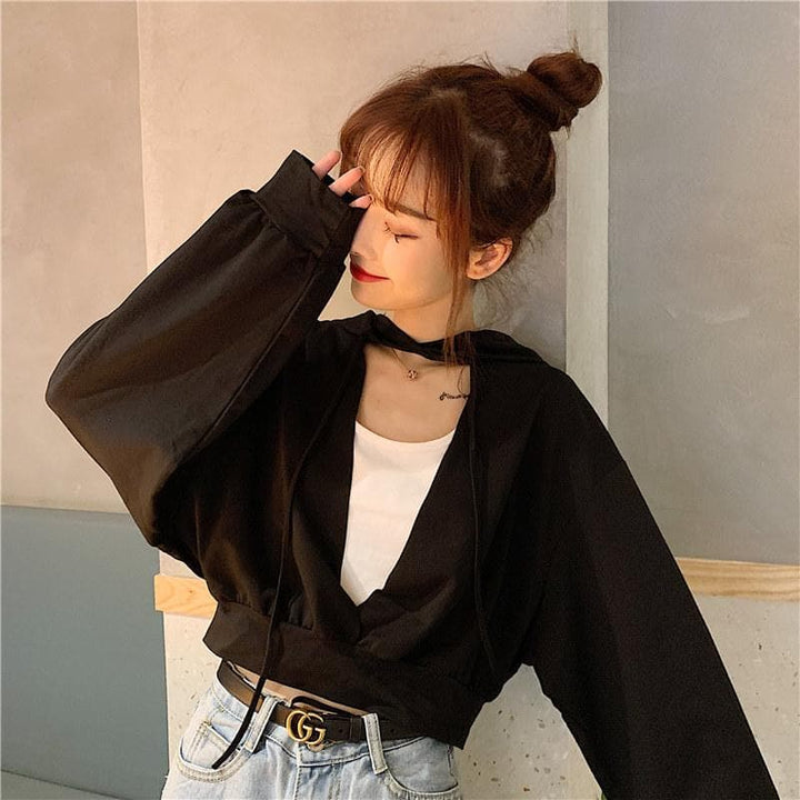 Crop Hoodie with Hollow-Out Chest - Asian Fashion Lianox