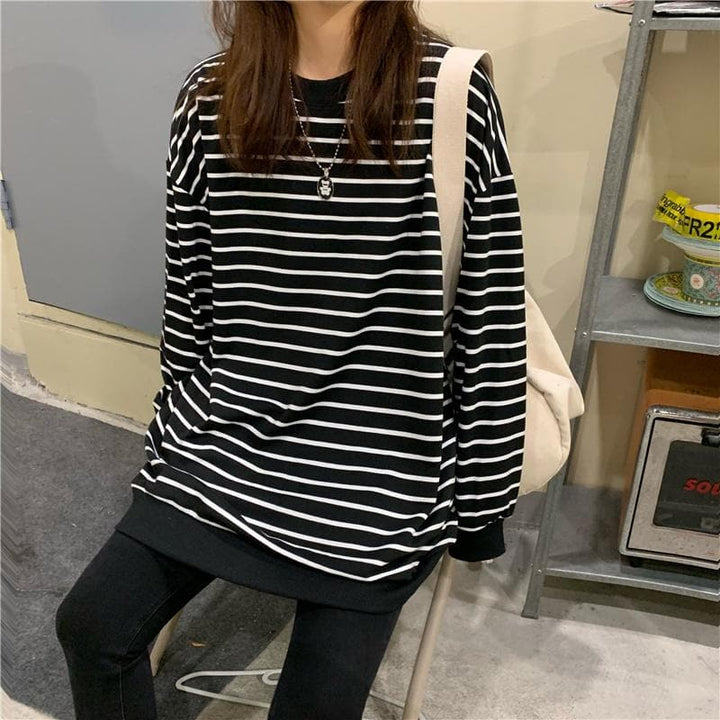 Striped Roundneck Sweatshirt - Asian Fashion Lianox