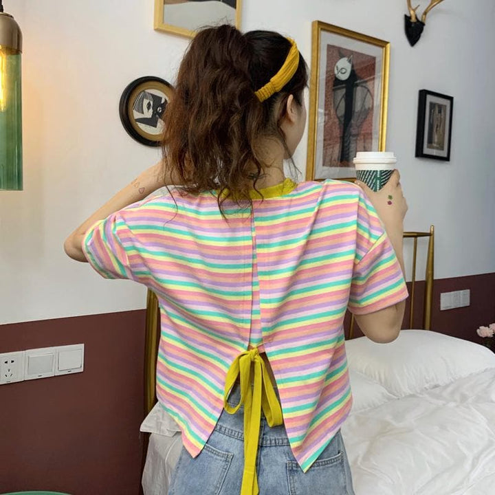 Striped Tee with Open Back - Asian Fashion Lianox