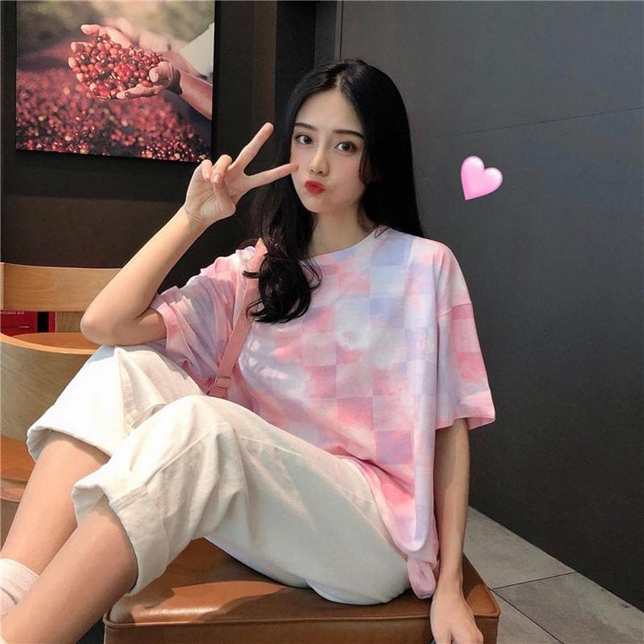 Pastel Tie Dye Tee with Checkered Pattern - Asian Fashion Lianox
