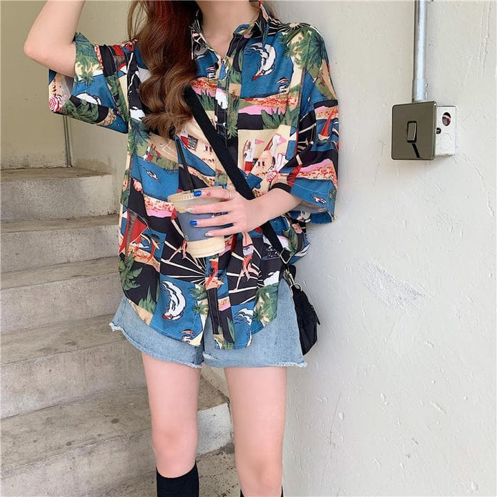 Button-Down Shirt with Colorful Patchwork Print - Asian Fashion Lianox