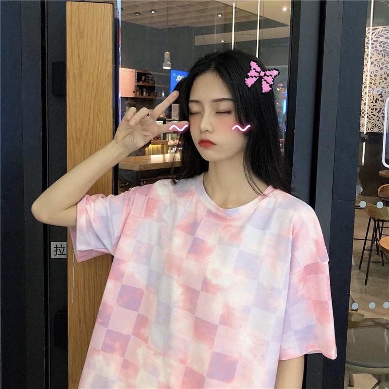 Pastel Tie Dye Tee with Checkered Pattern - Asian Fashion Lianox