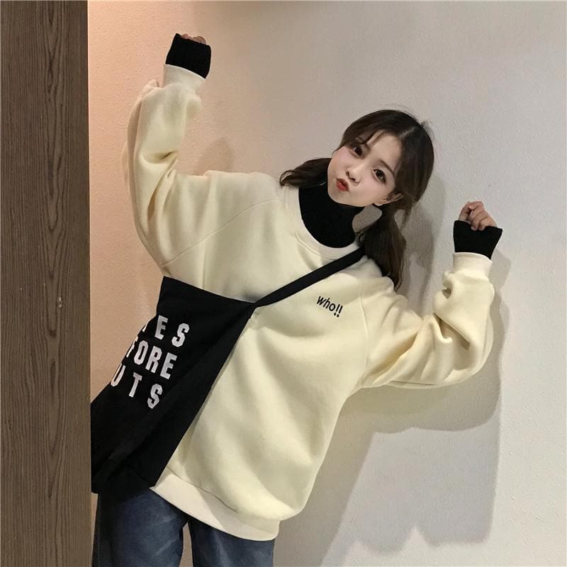 2-in-1 Turtleneck + "who!!" Sweatshirt - Asian Fashion Lianox
