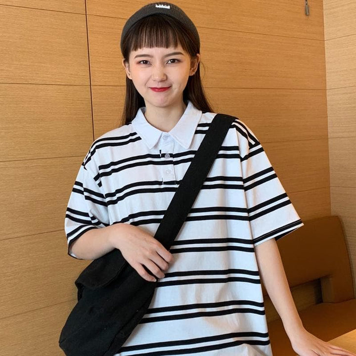 Collared T-Shirt with Stripes - Asian Fashion Lianox