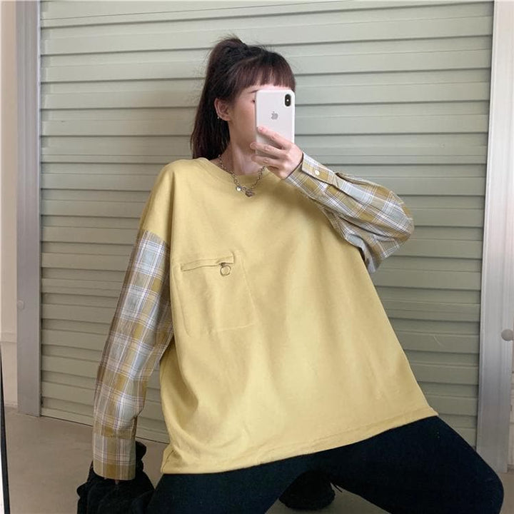 2-in-1 Oversized Tee + Plaid Shirt - Asian Fashion Lianox