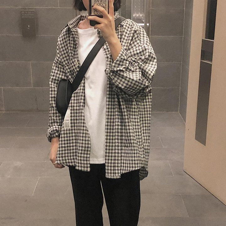 Plaid Shirt with Long Sleeves - Asian Fashion Lianox