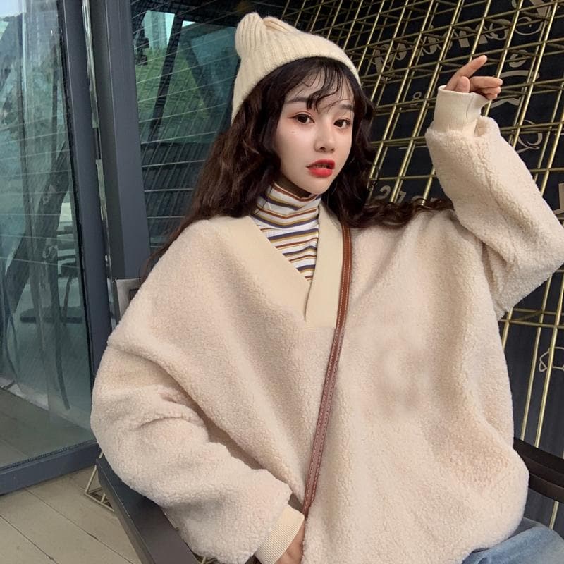 Teddy V-Neck Sweater - Asian Fashion Lianox