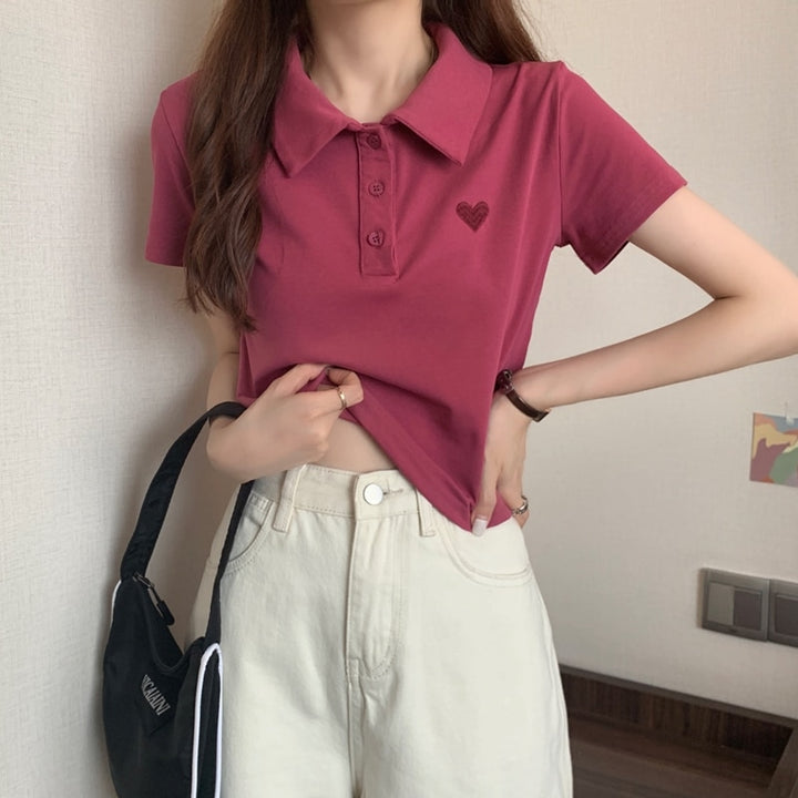 Cropped Polo Shirt with Heart Embroidery