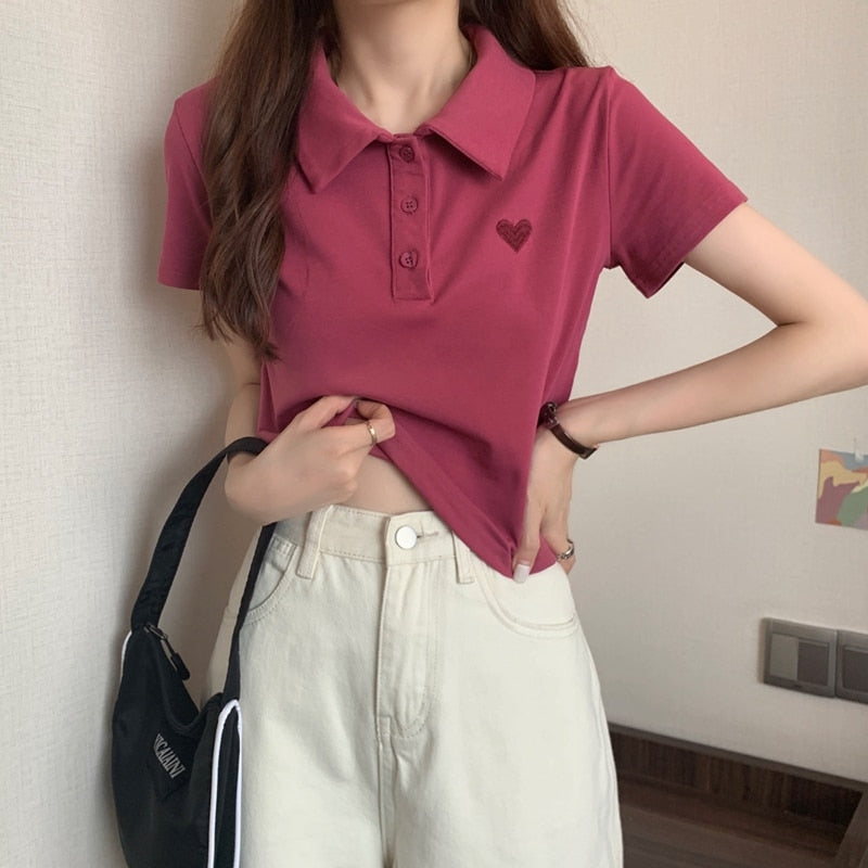 Cropped Polo Shirt with Heart Embroidery
