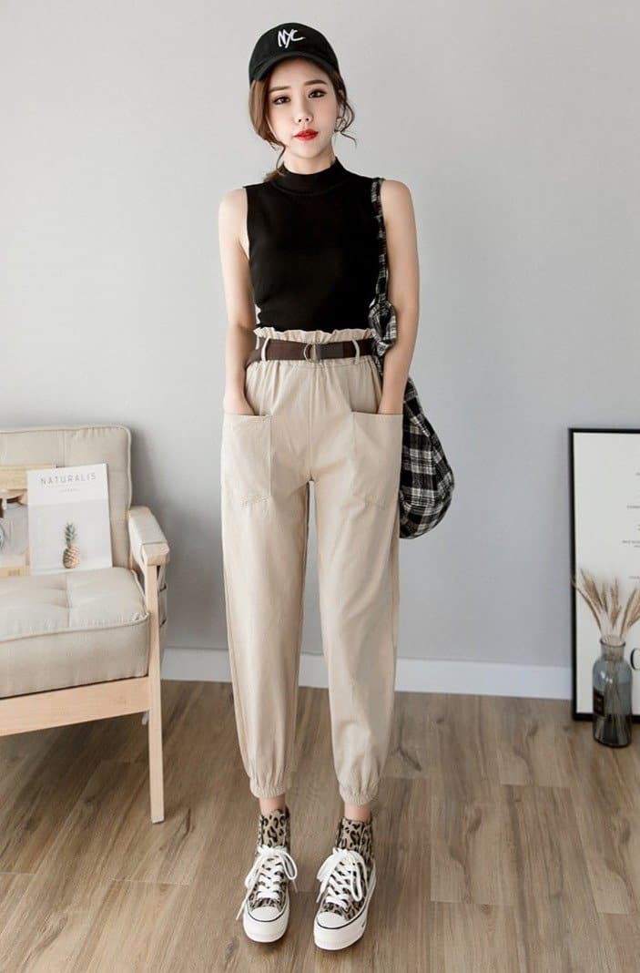 High-Waist Ankle-Length Pants With Elastic Waist - Asian Fashion Lianox