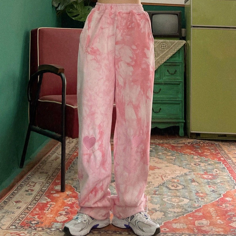 Tie-Dye Sweatpants With Heart Embroidery