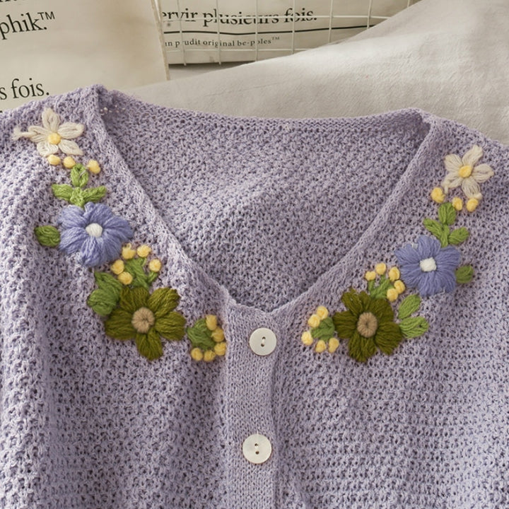 Crop Cardigan With Half Sleeves and Flower Embroidery