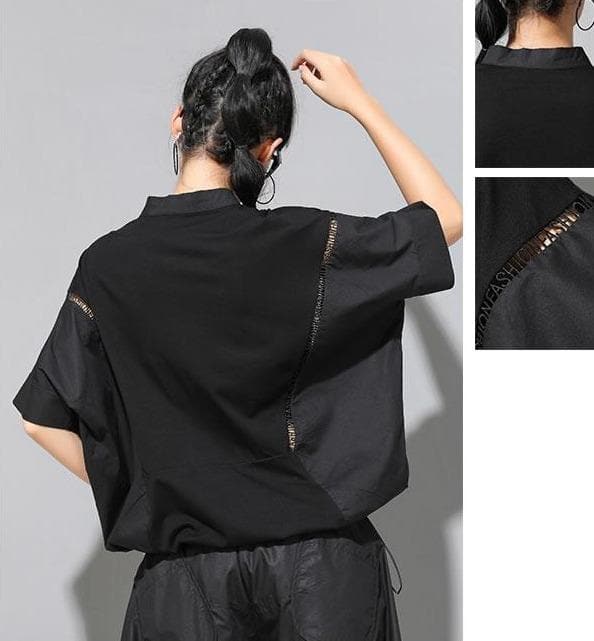 Buttoned Batwing T-Shirt with High Neck - Asian Fashion Lianox