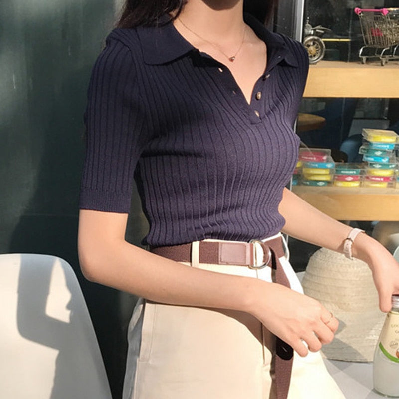 Ribbed Crop Shirt with Polo Collar