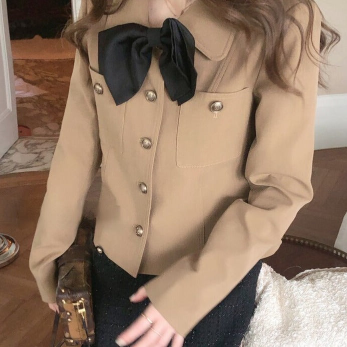 Button-Down Jacket With Bow And Turn-Down Collar