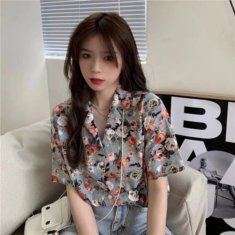 Floral Button-Down Blouse With Turn-Down Collar
