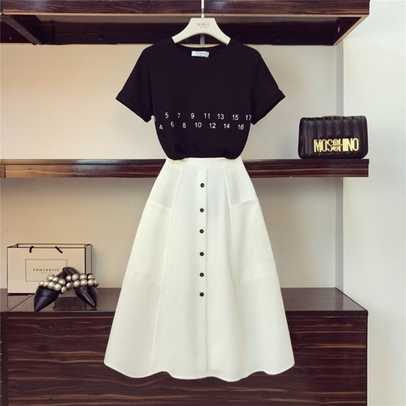 Outfit-Set: T-Shirt + High Waist Button-Down Skirt