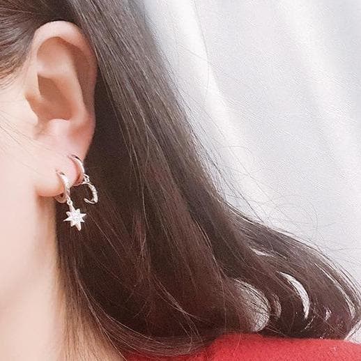 Star + Moon Asymmetric Hoop Earrings (Gold + Silver) - Asian Fashion Lianox