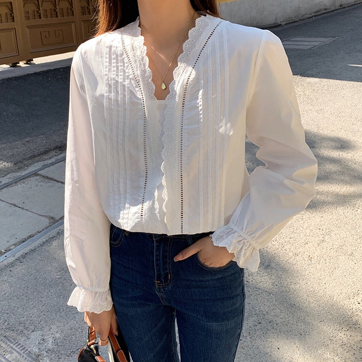 V-Neck Blouse with Lace Details