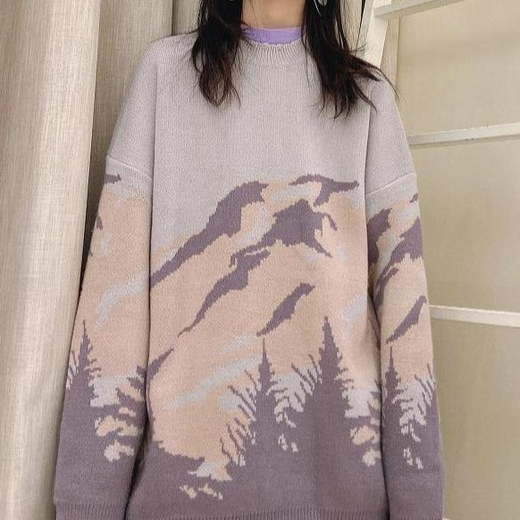 Sweater With Mountain And Tree Print