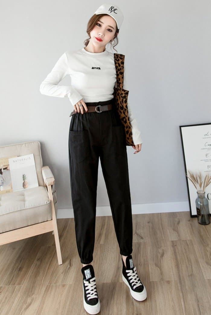 High-Waist Ankle-Length Pants With Elastic Waist - Asian Fashion Lianox
