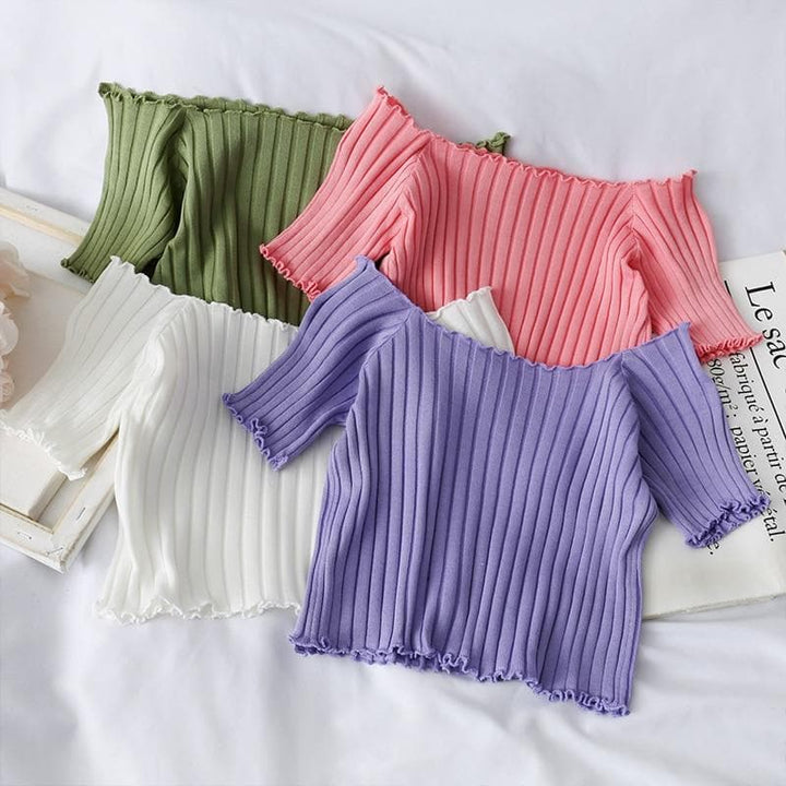 Ribbed Off-Shoulder Crop Top With Short Sleeves