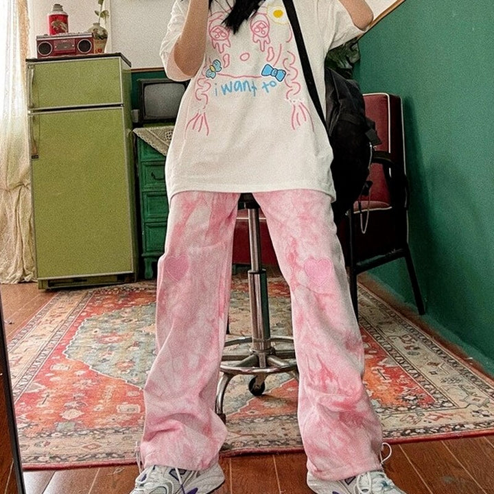 Tie-Dye Sweatpants With Heart Embroidery
