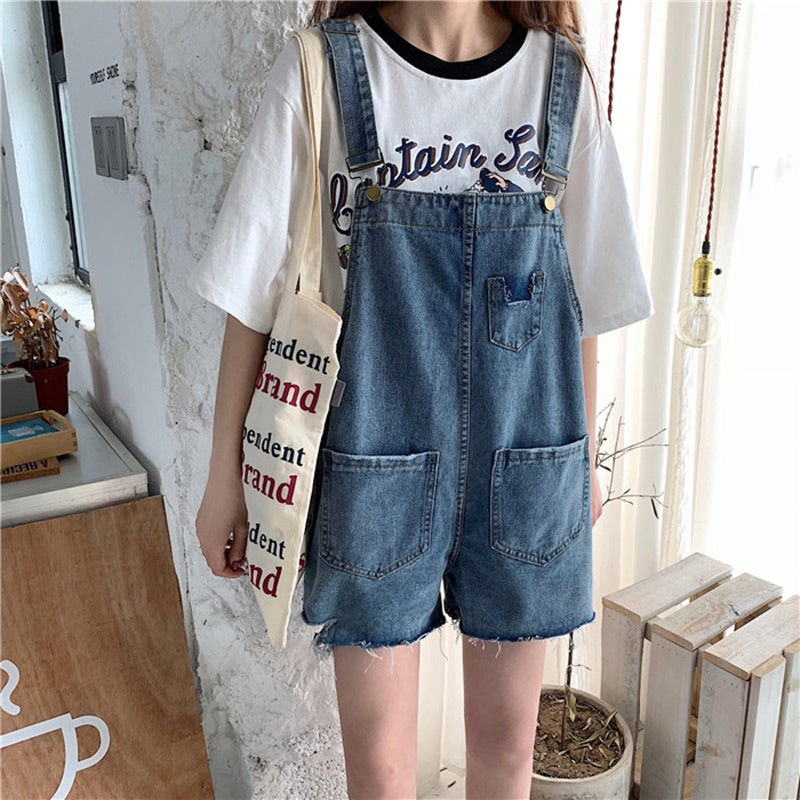Denim Romper With Ripped Hem And Pockets