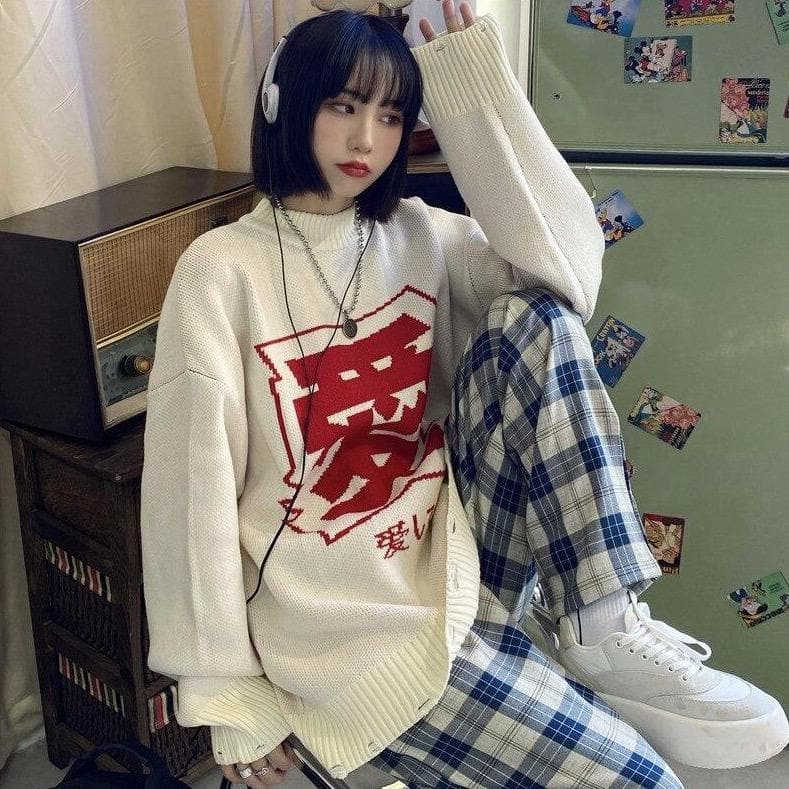 "Love" Long Sleeve Sweater With Japanese Lettering - Asian Fashion Lianox
