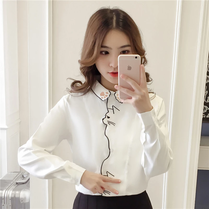 Collared Blouse With Cat Embroidery - Asian Fashion Lianox