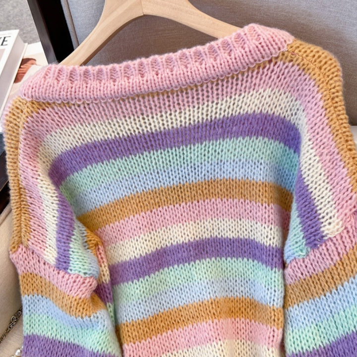 Pastel Knit Sweater With V-Neck And Stripes