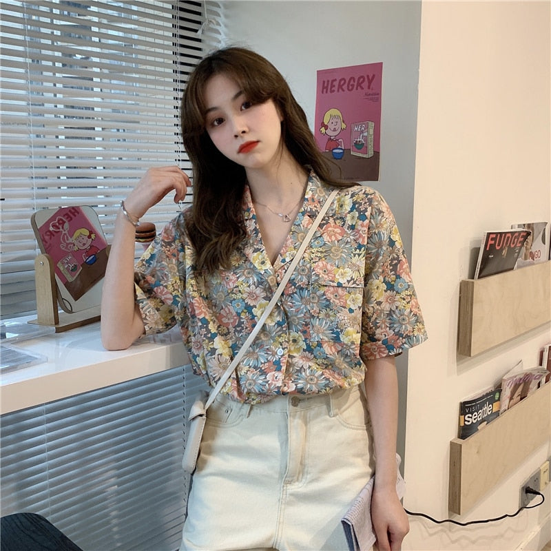 Floral Short Sleeve Shirt With Notched Collar