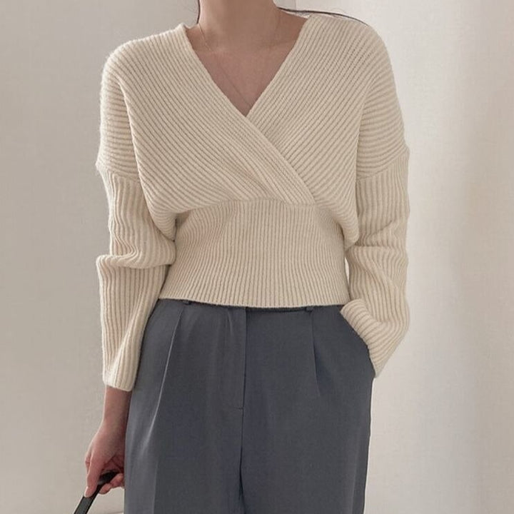 Knit Wrap-Style V-Neck Sweater