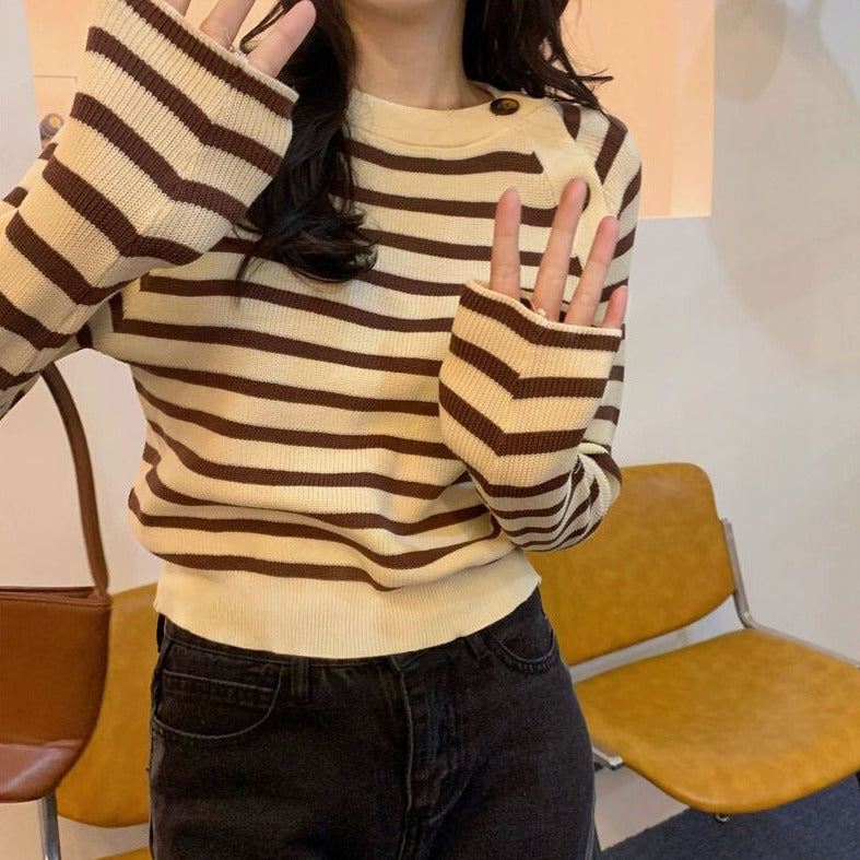 Striped Sweater With Off-Side Buttons